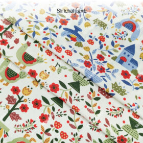ผ้าคอตต้อนทีซี ลายดอกไม้ ผลไม้ ไก่ และบ้าน หน้ากว้าง 45 นิ้ว