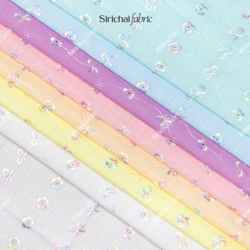 ผ้าลูกไม้คอตต้อนทีซี ปักสลับสี-สีรุ้ง เชิง 2 ด้าน หน้ากว้าง 42 นิ้ว